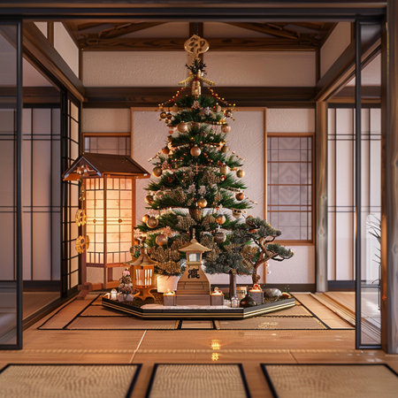 3d rendering of a Japanese room with a Christmas treeの素材