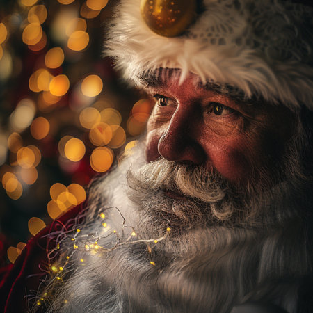 Portrait of Santa Claus with christmas lights in the background.の素材
