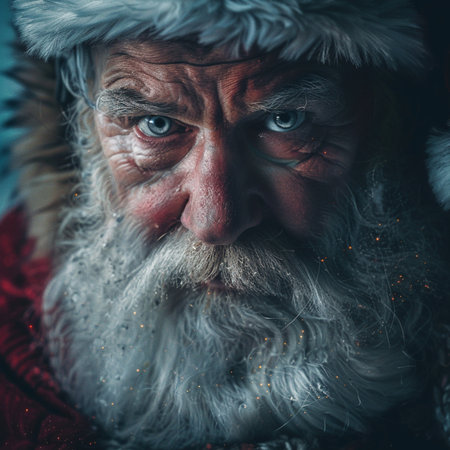 Close-up portrait of an old man with a long beard and mustache in a Santa Claus hat.の素材