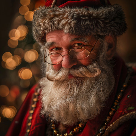 Portrait of an old man with a long beard and mustache wearing a Santa Claus costume.の素材