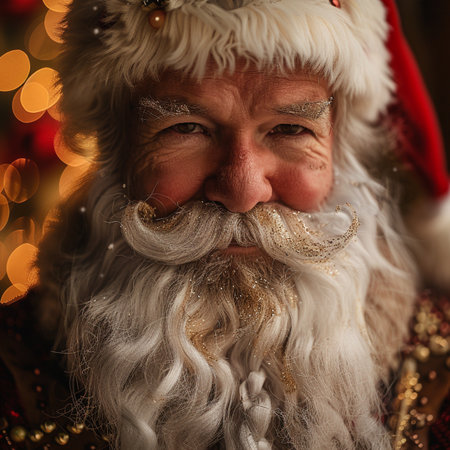 Portrait of Santa Claus with Christmas tree in the background. Close-up.の素材