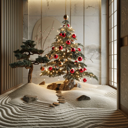 3d render of Christmas tree in the room with tiled floorの素材