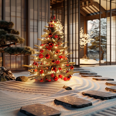 3d rendering christmas tree in modern house with wooden floor and windowの素材