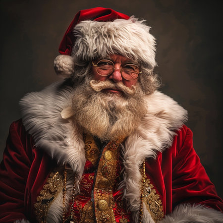 Portrait of Santa Claus in red suit and glasses on dark background.の素材