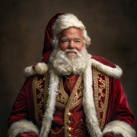 Portrait of Santa Claus with long white beard and mustache in red suit on dark backgroundの素材