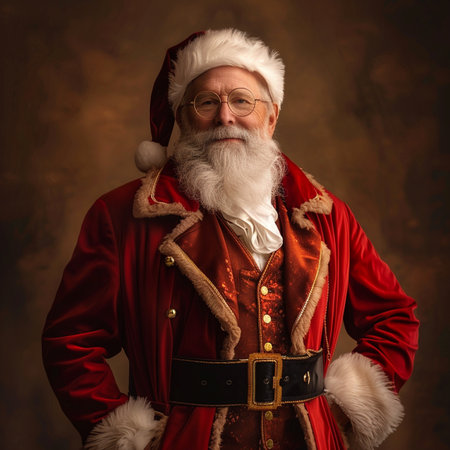 Portrait of Santa Claus. Studio shot over dark brown background.の素材