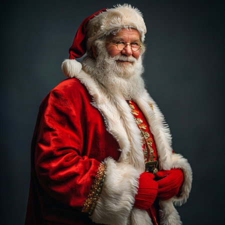 Portrait of Santa Claus in red suit and eyeglasses on dark background.の素材