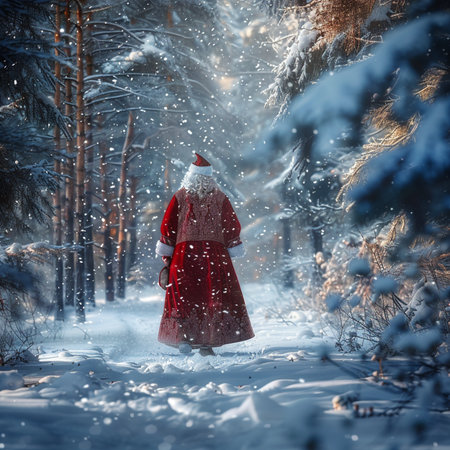 Beautiful girl in a red coat and Santa Claus hat walks in the winter forest.の素材