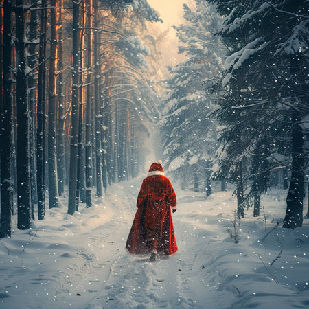 A woman in a red coat walks through the winter forest. Snowfall.の素材