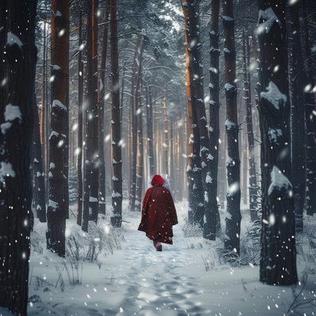 A girl in a red coat and a hood walks through the winter forest.の素材