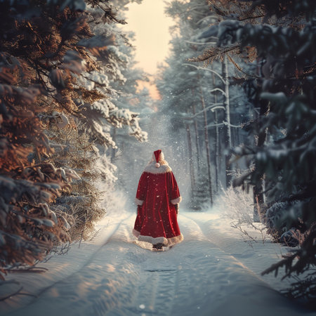 A girl in a red coat walks through the forest in winter.の素材