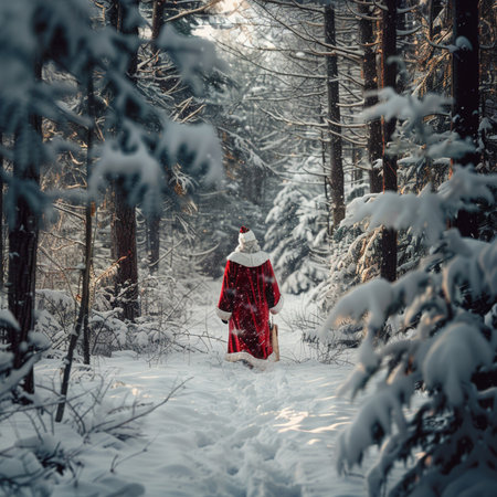 Young woman in red coat walking in winter forest. Snowy forest.の素材