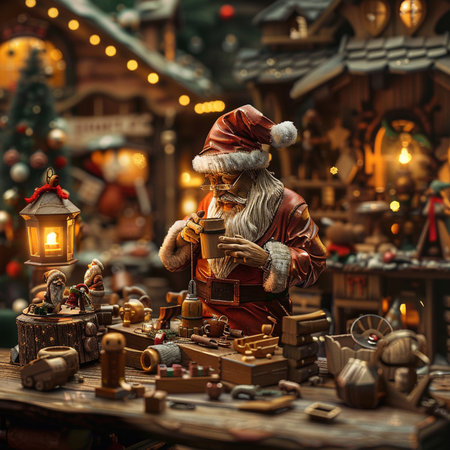 Christmas market with Santa Claus figurine. Christmas market. Christmas background.の素材