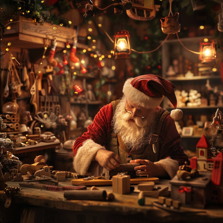 Portrait of Santa Claus in his workshop. Christmas market. Christmas decoration.の素材
