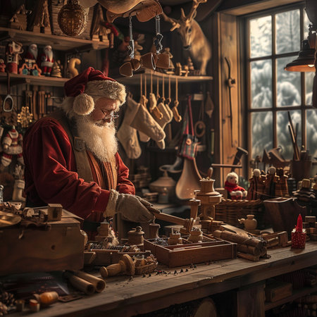 Santa Claus making wooden toys in his workshop. Christmas and New Year concept.の素材