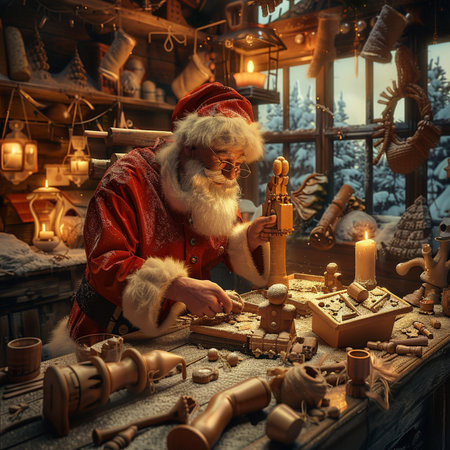 Santa Claus is playing chess in his workshop. Christmas and New Year concept.の素材