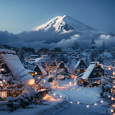 Mt. Fuji and village in winter, Kawaguchiko, Japanの素材