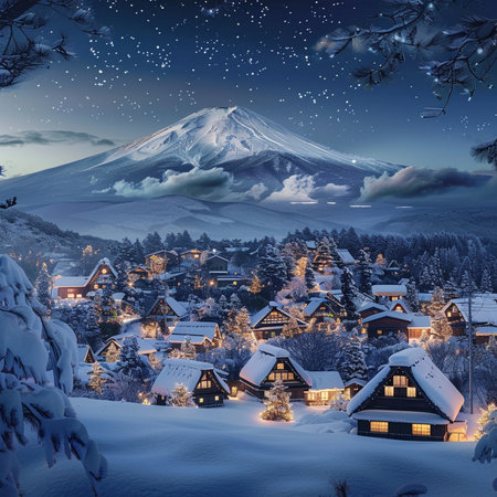 Mountain Fuji and village at winter night with snow in Japan.の素材