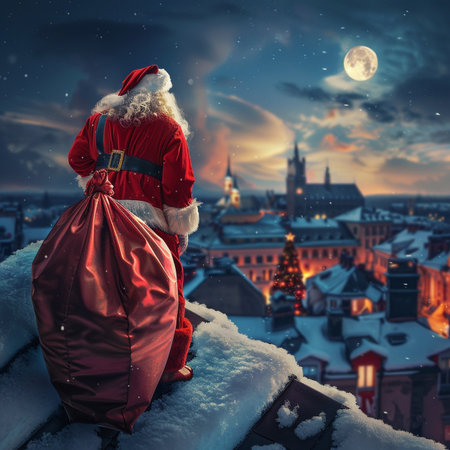 Santa Claus on the roof of the old town at night. Christmas background.の素材