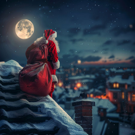 Santa Claus sitting on the roof of the house at night with full moonの素材