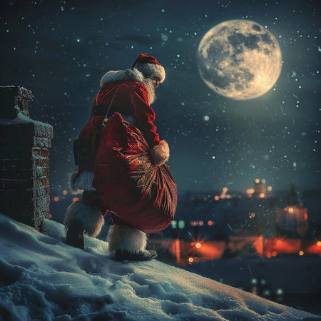 Santa Claus with bag of gifts on background of night city and full moon.の素材