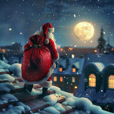 Santa Claus with red bag of gifts on the roof of the house at nightの素材