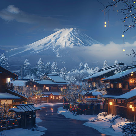 Mt. Fuji and Kawaguchiko village at night, Japanの素材