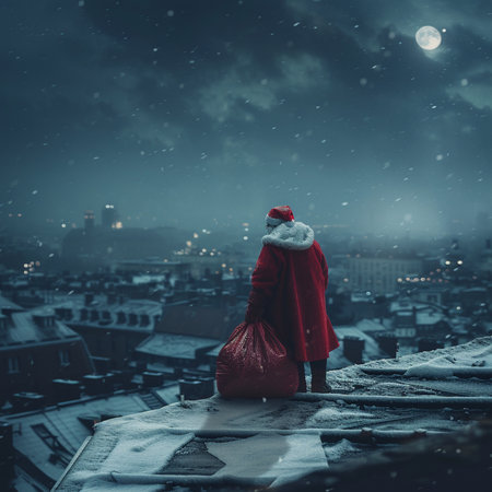 Santa Claus standing on the roof of a building and looking at the night cityの素材