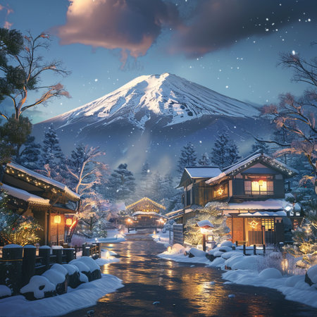 Kawaguchiko, Japan at night with snowfall.の素材