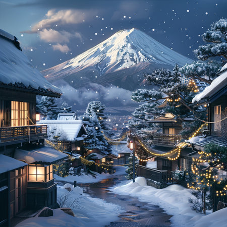 Fuji mountain in Japan at night with snow and christmas treeの素材