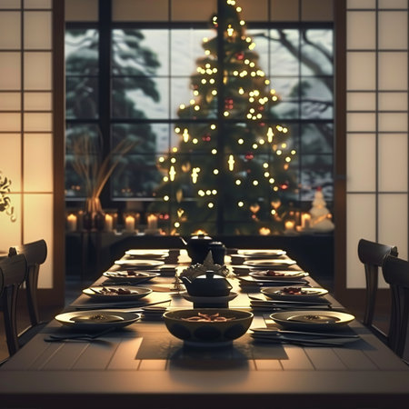 3d rendering of a dining room with christmas tree in the backgroundの素材