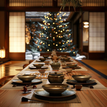Traditional Japanese tea ceremony in front of a Christmas tree. 3d renderingの素材