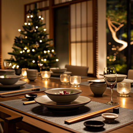 Christmas table setting in a luxurious restaurant with Christmas tree in the backgroundの素材