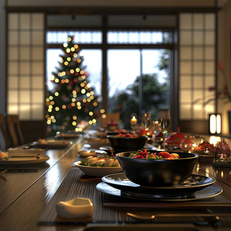 Christmas dinner in the living room at home. 3d rendering.の素材
