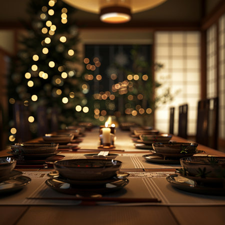 Christmas table setting with candles and Christmas tree in background. Selective focus.の素材