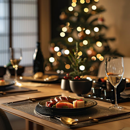 Christmas dinner on the table in the room with a Christmas tree.の素材