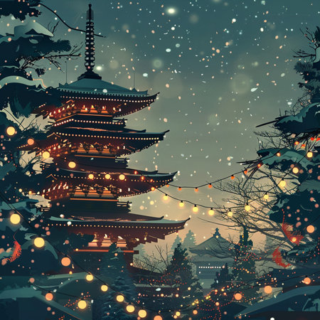 Christmas and New Year background with Japanese pagoda. Vector illustration.の素材