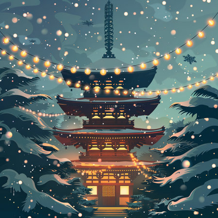 Illustration of a Japanese pagoda in the snow.の素材