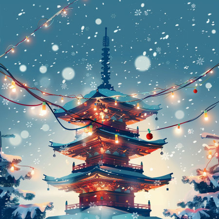 Christmas and New Year background with traditional Japanese pagoda. Vector illustration.の素材