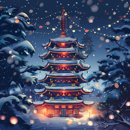Pagoda and pine trees in the snow at night, vector illustrationの素材