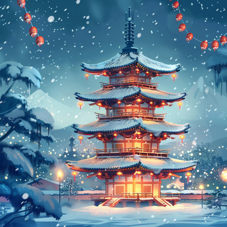 Christmas and New Year background with traditional chinese pagoda in snowの素材