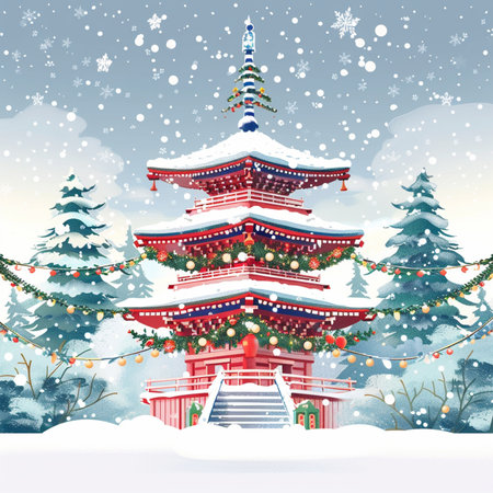 Christmas and New Year background with Chinese pagoda. Vector illustration.の素材