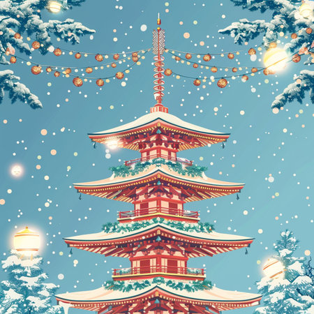 Christmas and New Year background with Christmas tree and pagoda. Vector illustration.の素材