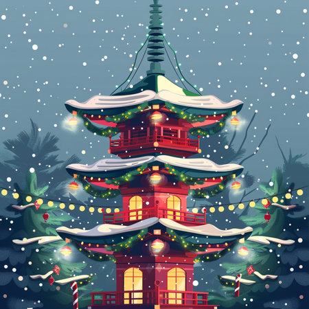 Christmas and New Year background with traditional Chinese pagoda. Vector illustration.の素材
