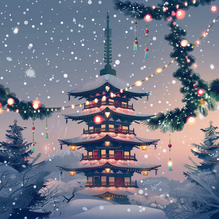 Christmas and New Year background with traditional Japanese pagoda.の素材