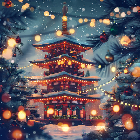 Christmas and New Year holiday background with wooden pagoda and Christmas tree in snowの素材