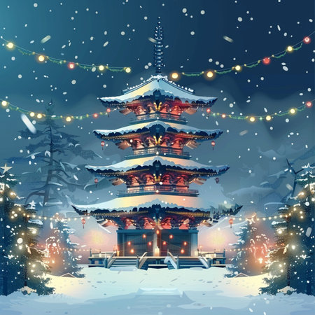 Christmas landscape with traditional pagoda at night. Vector illustration for your designの素材