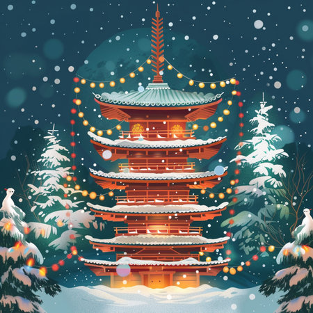 Christmas and New Year greeting card with traditional Japanese pagoda. Vector illustrationの素材