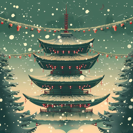 Pagoda in the winter forest. Christmas background. Vector illustration.の素材