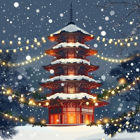 Christmas and New Year background with wooden pagoda in winter forest.の素材